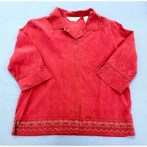 Vintage BECHAMEL Women Red Embroidered 3/4 Sleeve Button Down Shirt M Med Medium